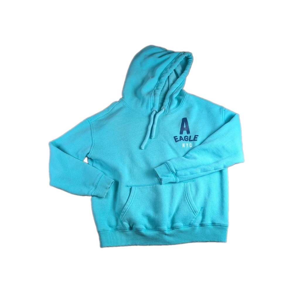 Y2K American Eagle Aqua Pullover Hoodie Womens S Blue Fleece Graphic Sweatshirt